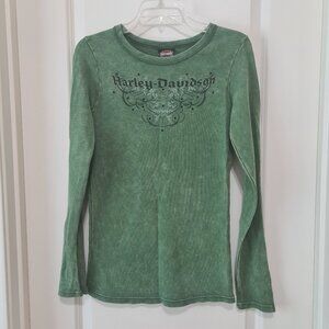 Harley Davidson Green Long Sleeve Embellished Thermal Top, Medium